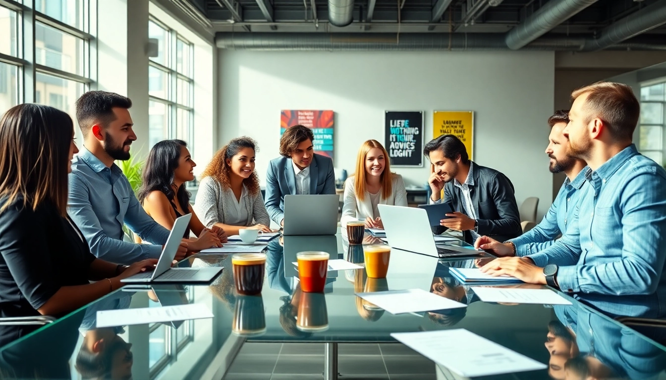 Team at a startup recruitment agency collaborating in a bright office, showcasing teamwork.