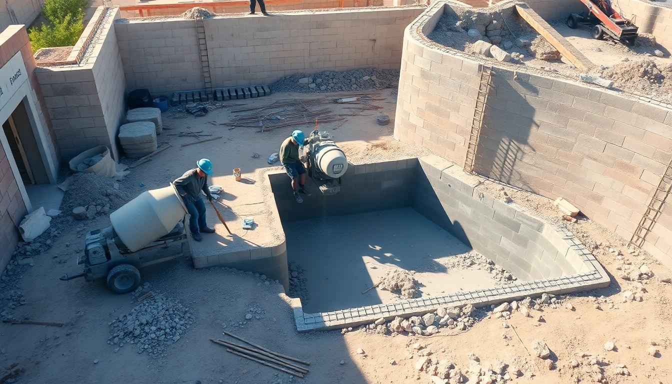 Workers installing footing and block walls at a dynamic construction site.