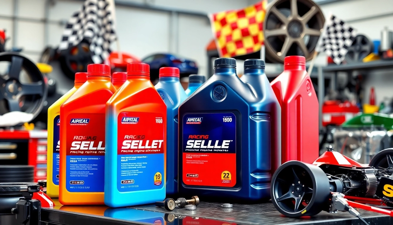 Showcasing racing engine oils in a professional automotive workshop environment.