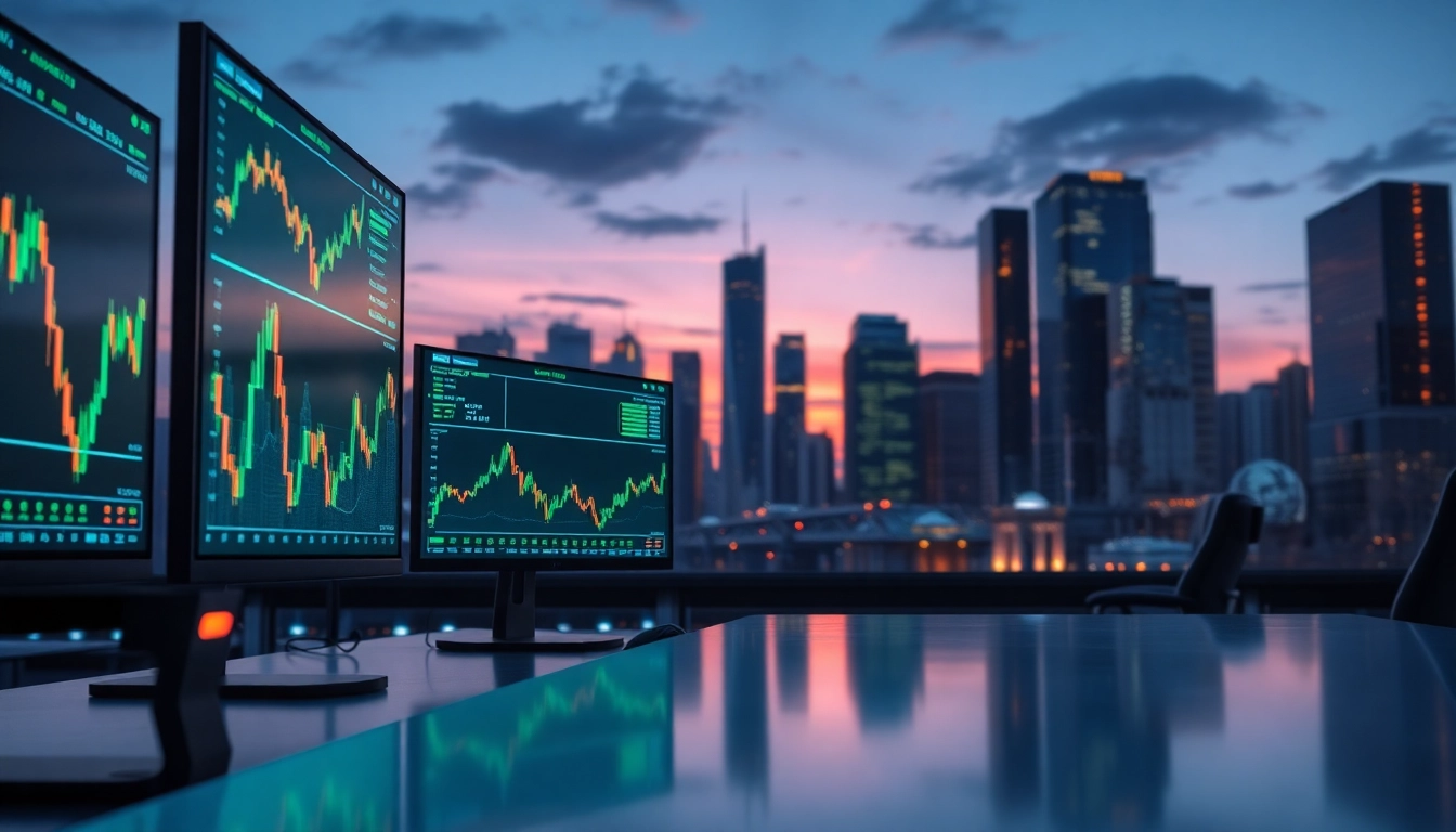 Visual representation of AI trading algorithms in action within a high-tech financial setting