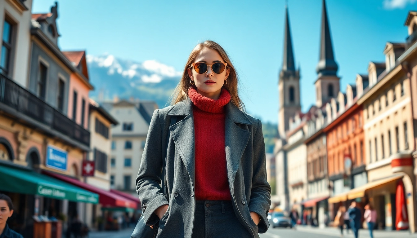 Model Schweiz in urbaner Umgebung, die trendige Mode präsentiert und im Hintergrund ikonische Schweizer Wahrzeichen zeigt.