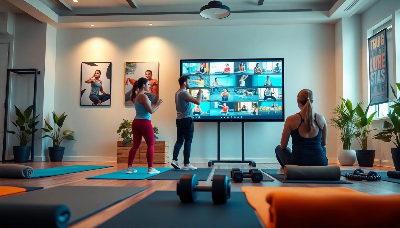 Experience engaging online gym training with a professional trainer guiding in a vibrant home gym.