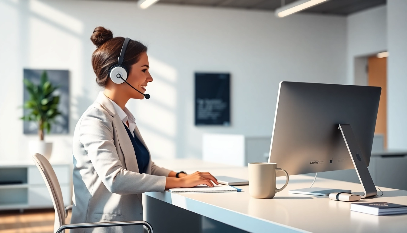 Engaging virtual answer service with a professional receptionist providing efficient client support.