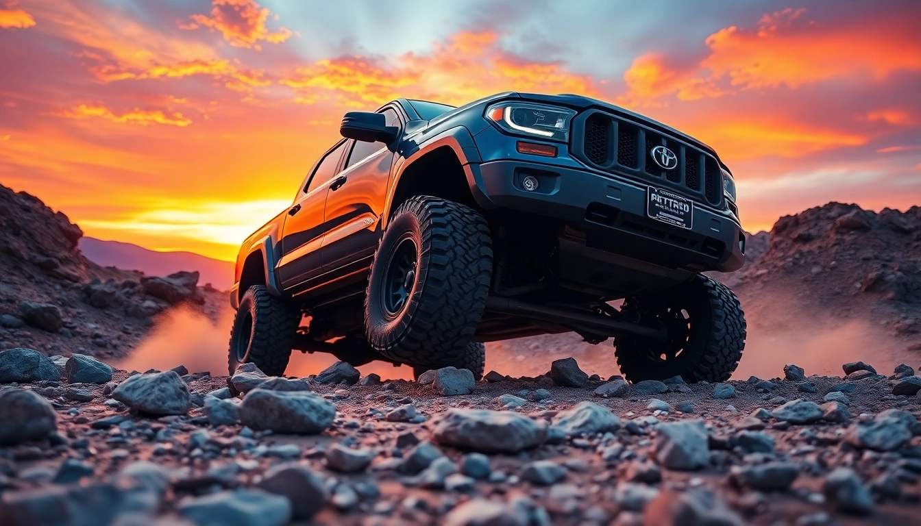 Showcase of off road wheels on a rugged 4x4 truck against a dramatic sunset backdrop.
