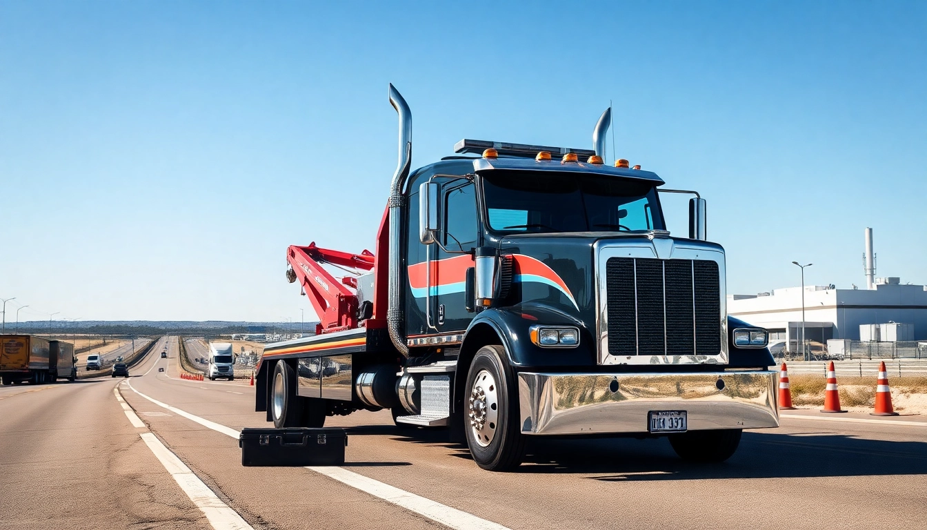 Affordable big rig towing company ready for service with a prominent tow truck at a sunny roadside.