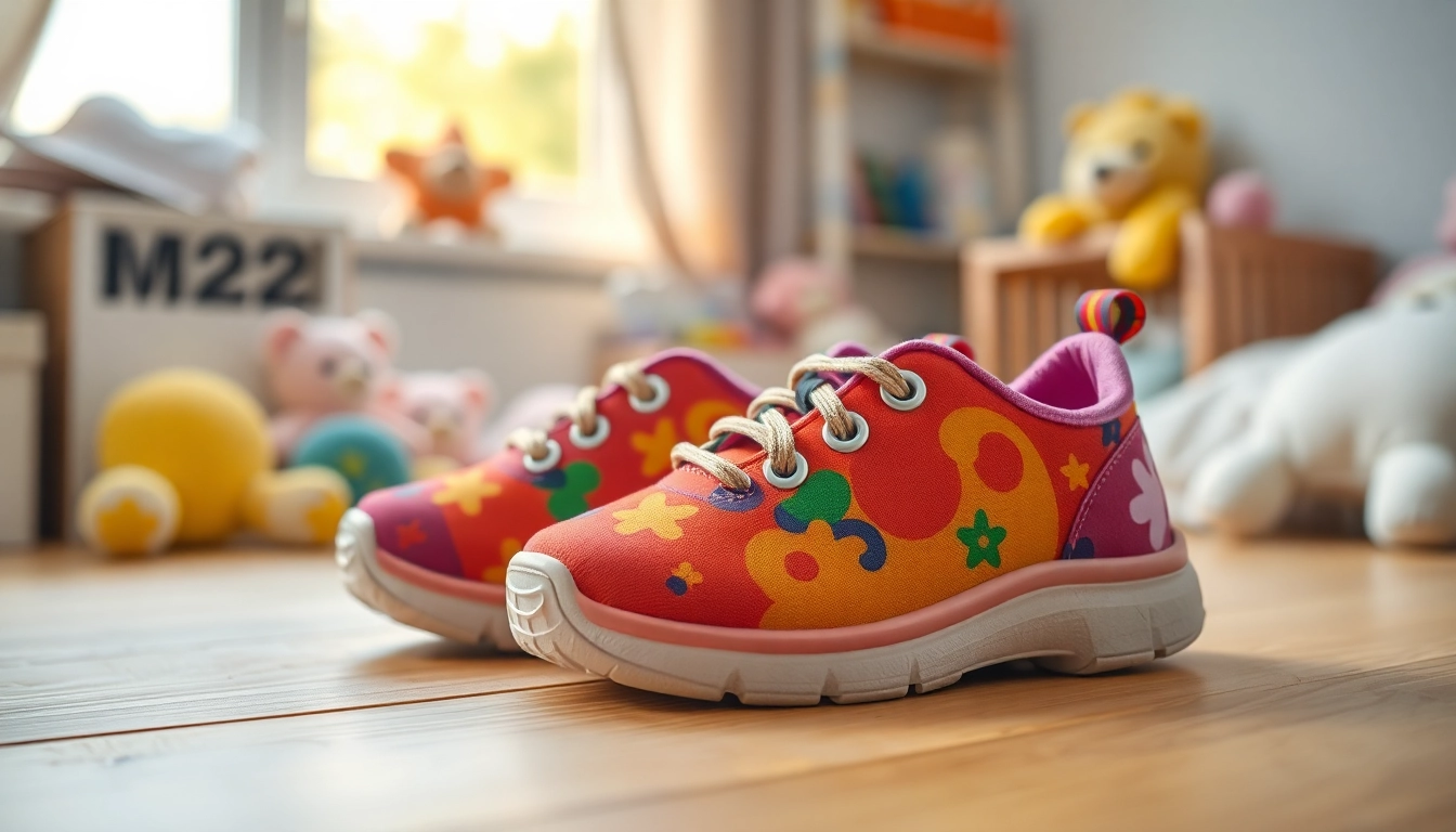 Stylish orthopädische Kinderschuhe für Kinder auf einem Holzuntergrund präsentiert.