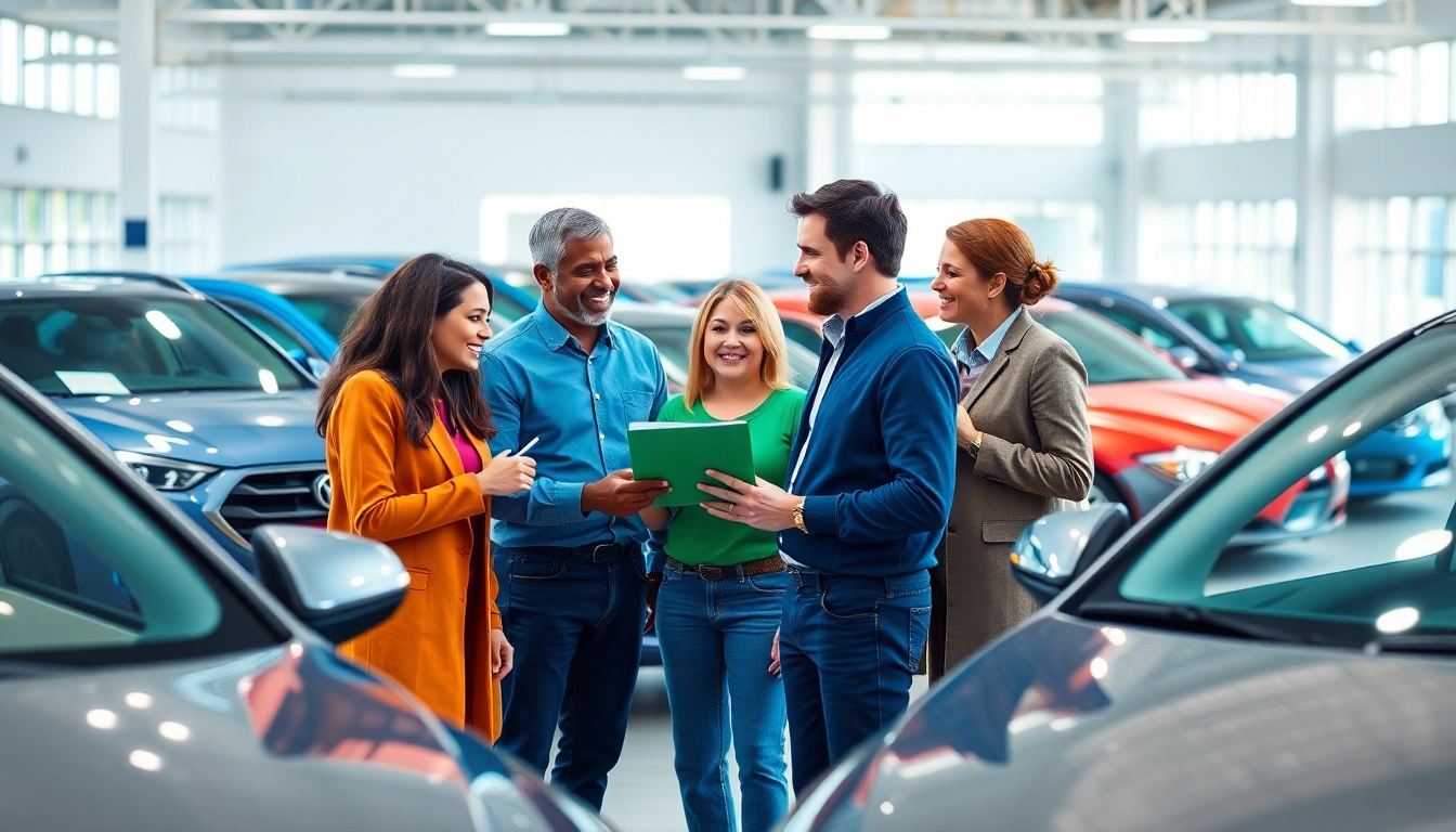 Find Used Vehicles with a family choosing among cars in a friendly dealership.