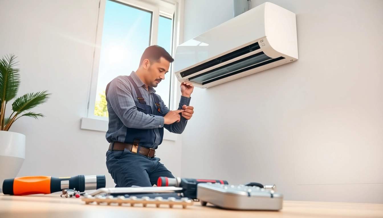 Technician providing Los Angeles HVAC services by fixing an air conditioning unit in a sunny home.