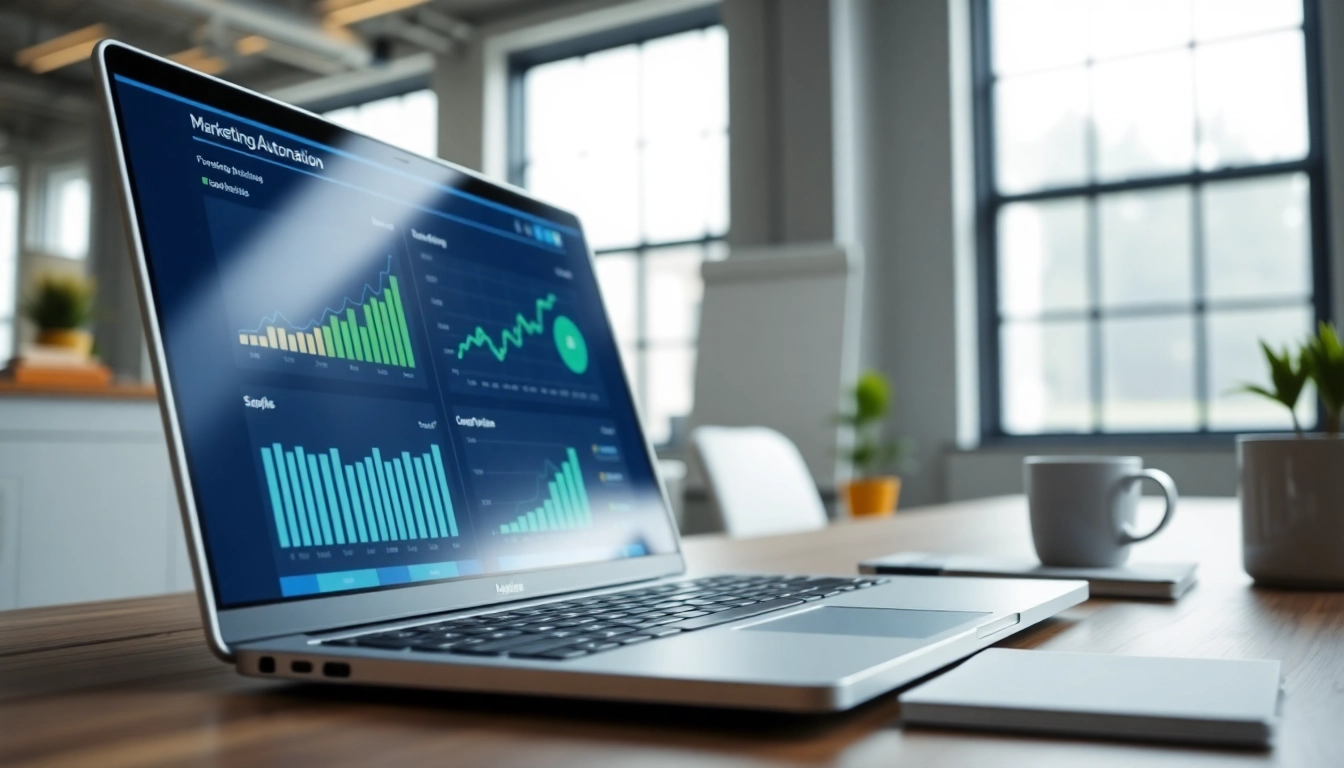 Visualizing growth marketing automation through a professional dashboard on a laptop.