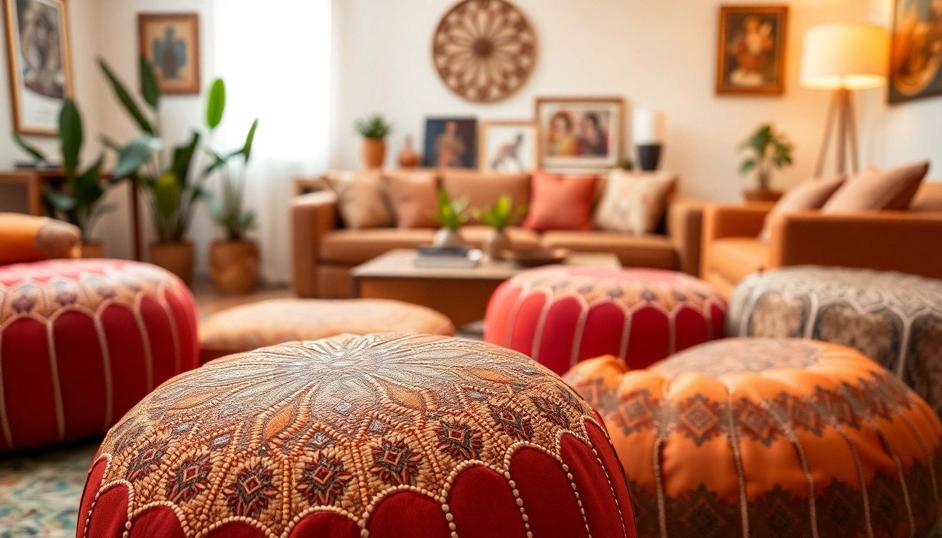Highlighting Moroccan Leather Poufs and Ottomans in an elegant living room with intricate designs.