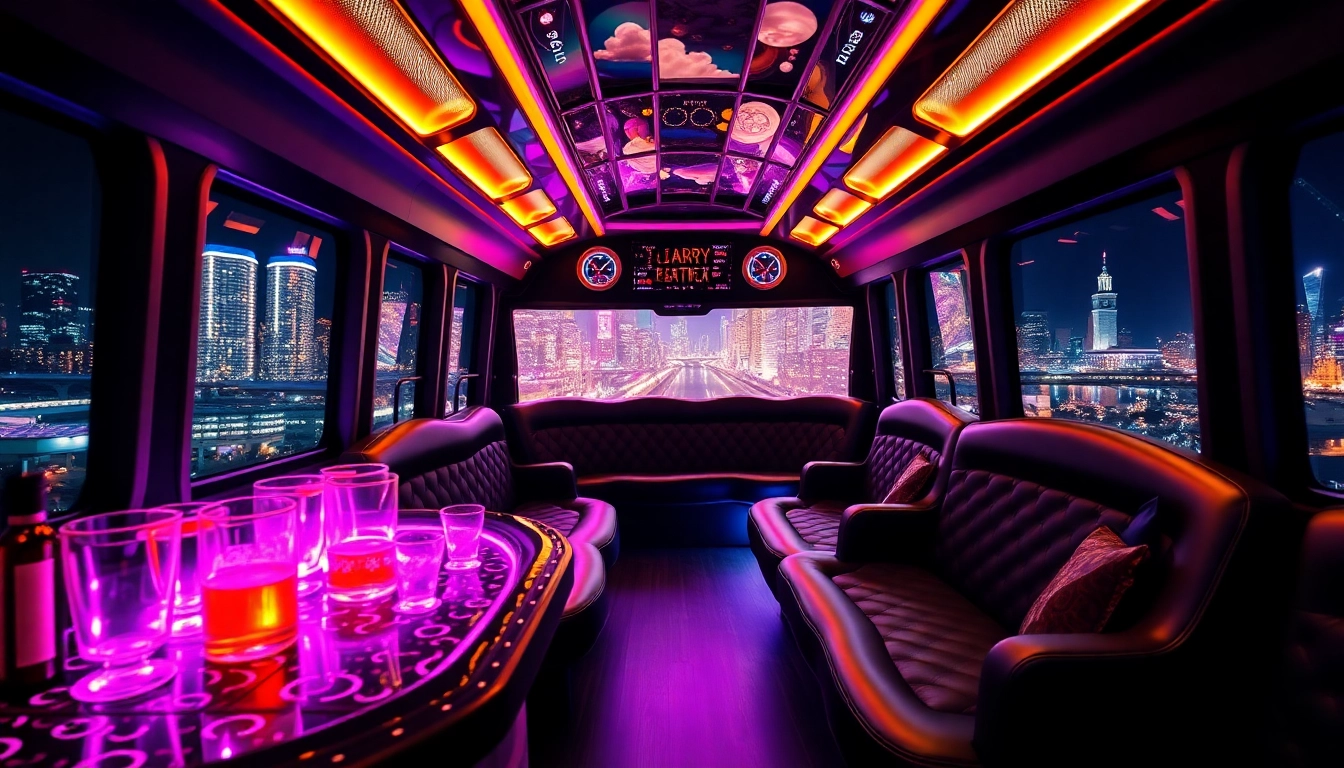 Enjoy a vibrant party bus interior with plush seating and dynamic LED lighting for celebrations.