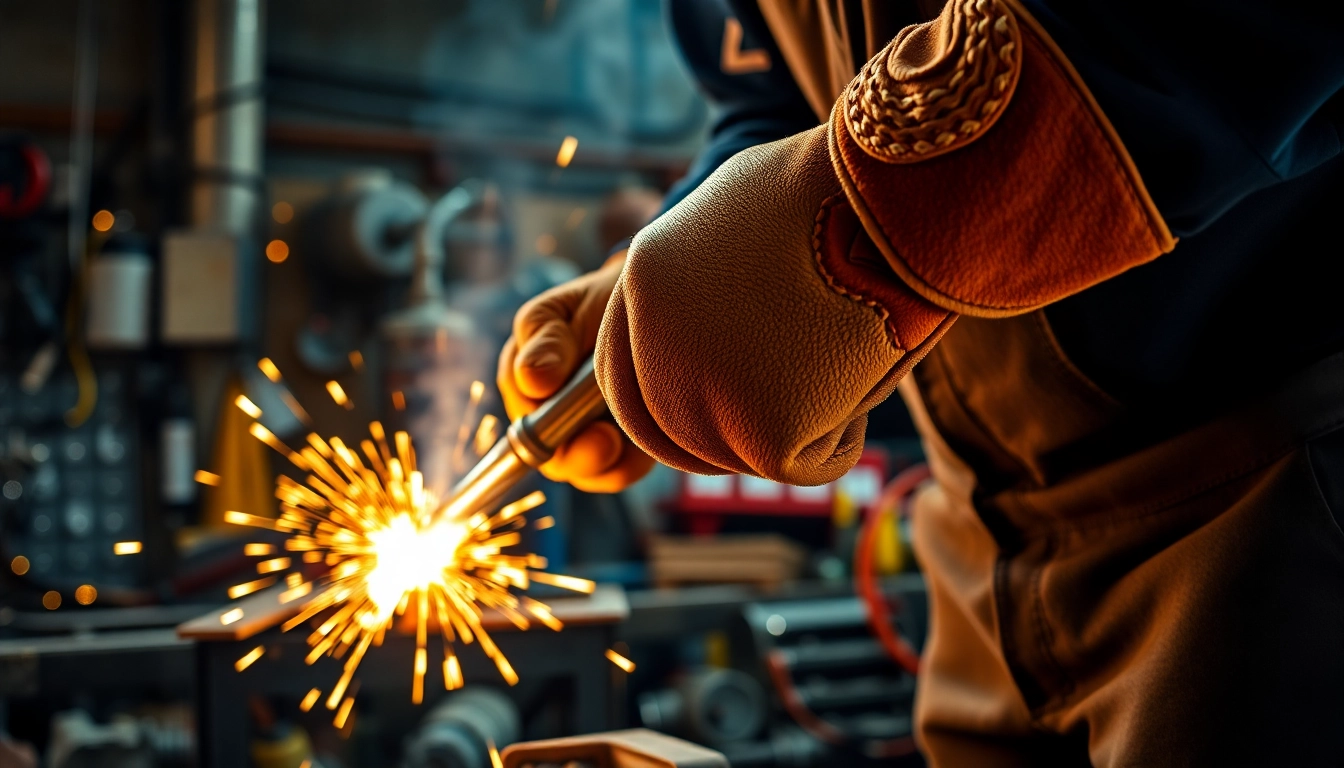 Welder skills highlighted with premium welding gloves during a project in a bustling workshop.