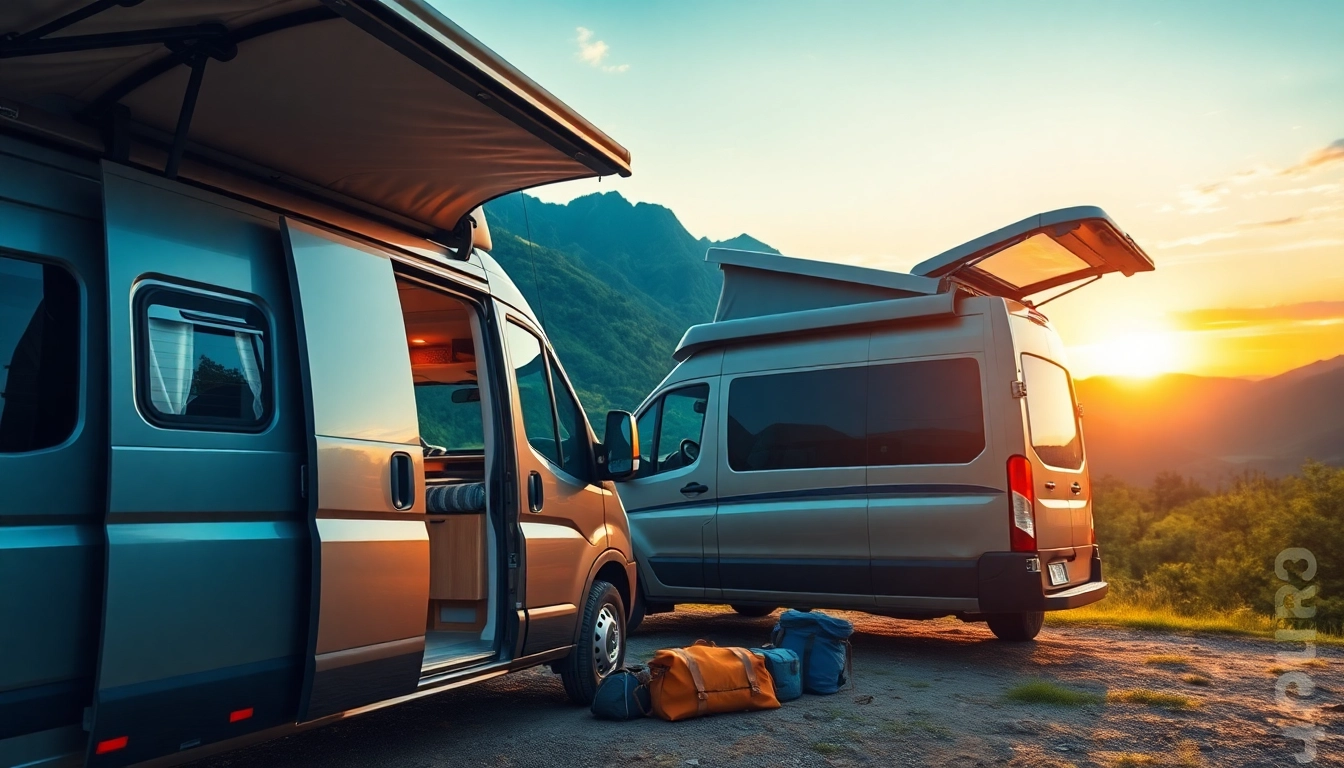 Showcasing JRP Campers with a comfortable interior against a scenic backdrop of nature.