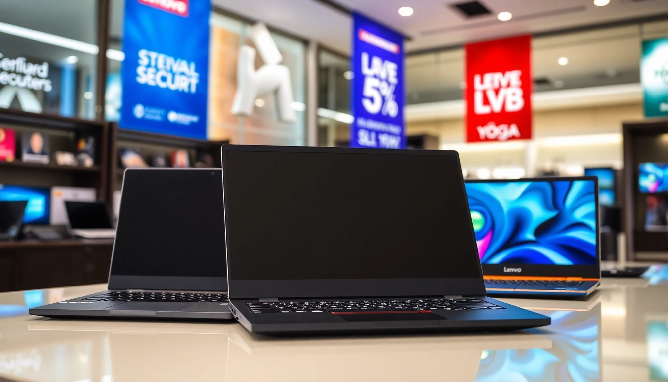 Comparar los portátiles Lenovo en una elegante tienda electrónica con descuentos visibles.