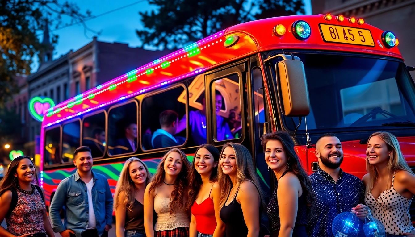 Enjoying a celebration on a macon party bus with friends in front of historic buildings.
