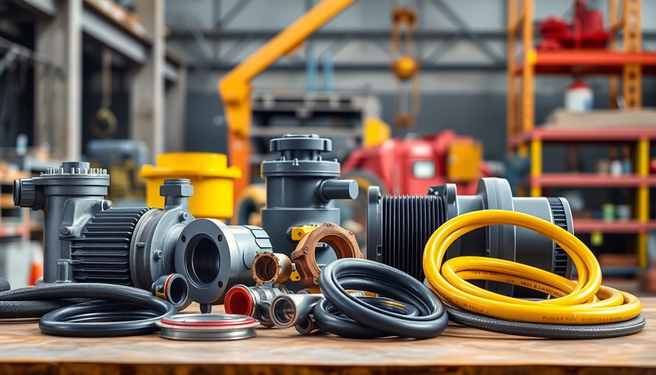 Concrete pump spare parts displayed on a workshop table, showcasing high-quality components in an industrial setting.
