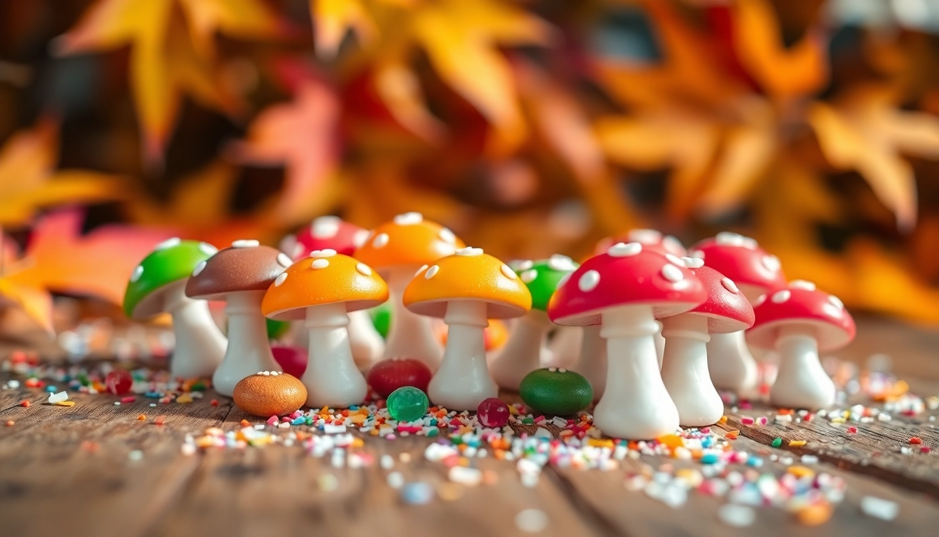 Tempting magic mushroom candy displayed artistically, glistening with edible glitter.