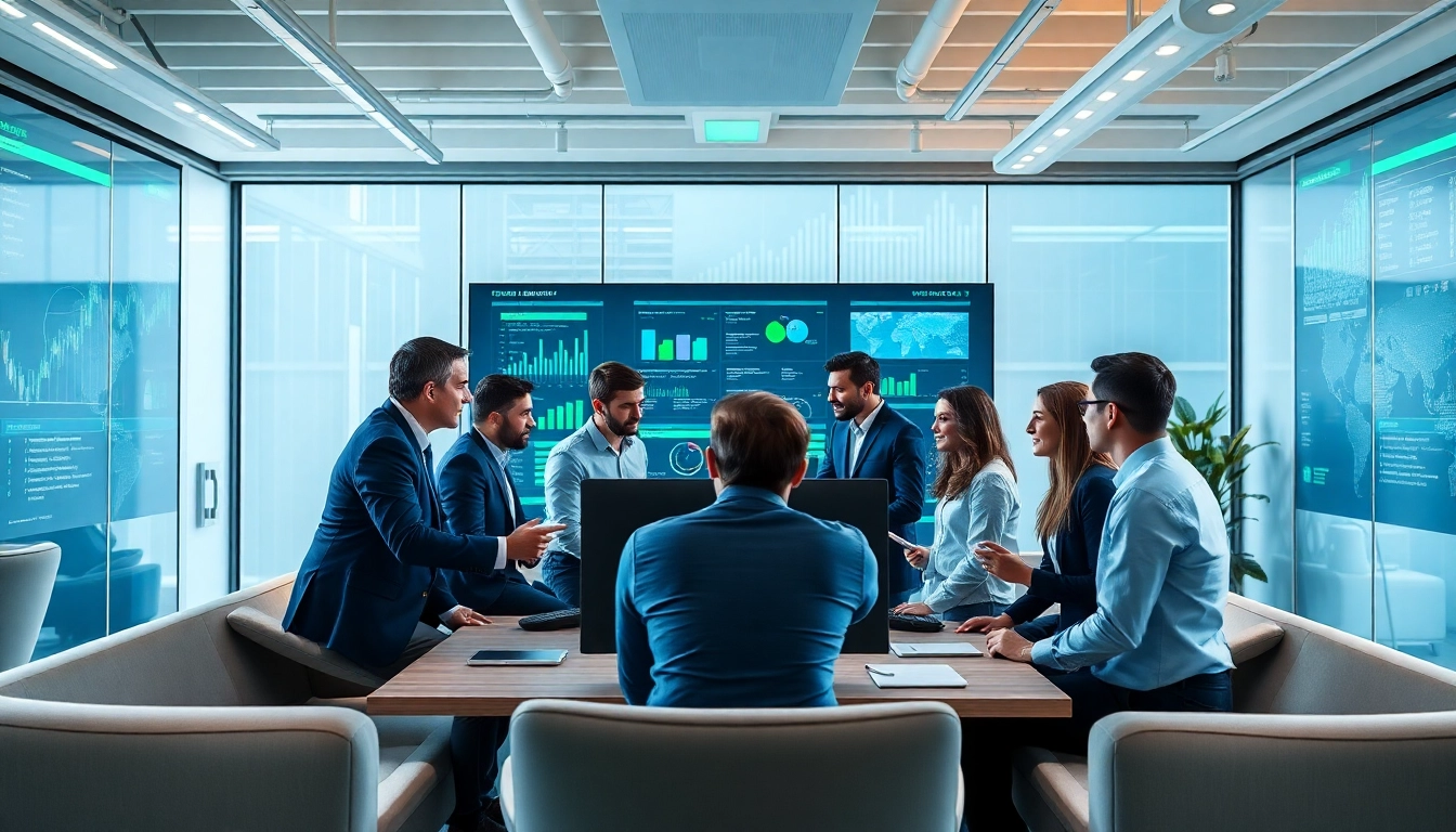 Cyber security services experts analyzing data in a collaborative modern office environment.