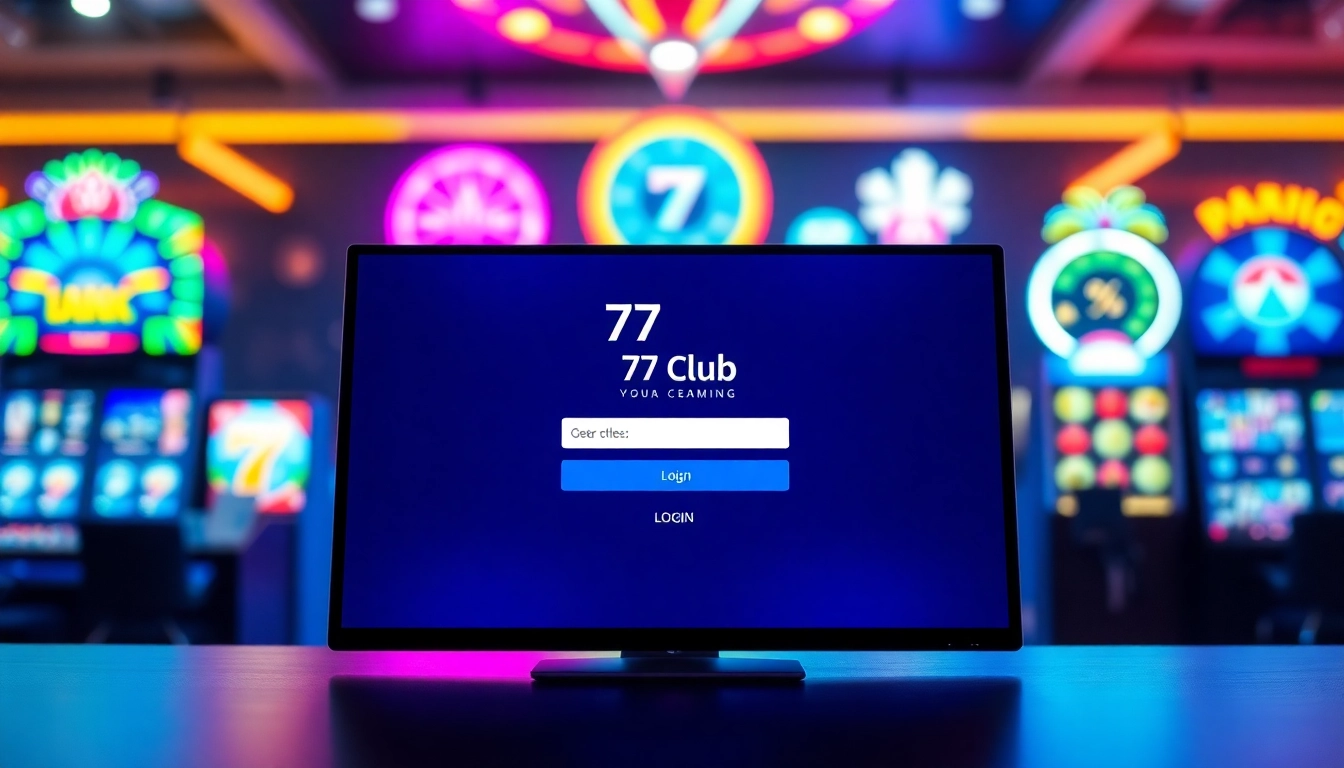 Access the 77 club login page with an engaging user interface and vibrant casino game backdrop.