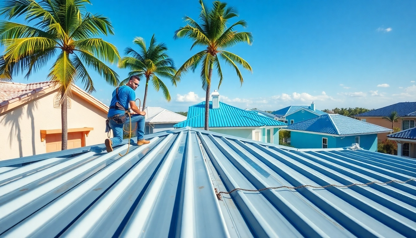 Installers expertly applying a durable florida metal roof on a coastal home.