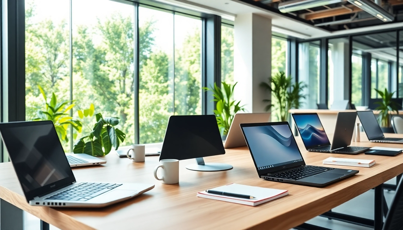 Comparar laptops Lenovo en un entorno de oficina moderna con iluminación brillante.