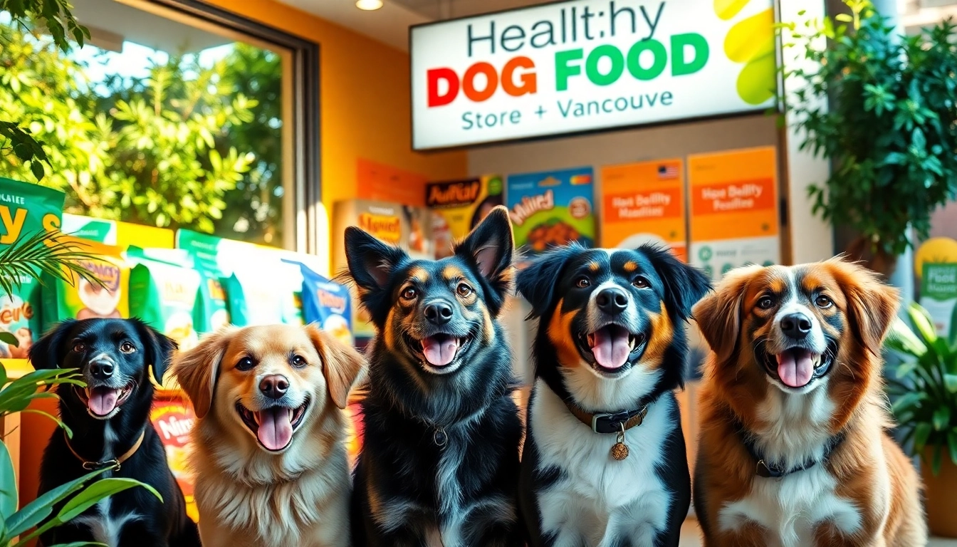 Healthy dog food store Vancouver offers a vibrant selection of nutritious dog foods while featuring excited dogs waiting for their meals.