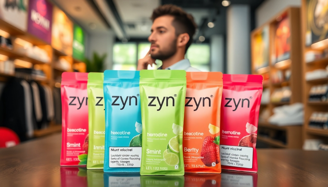 Explore zyn nicotine pouches showcasing various flavors and strengths in a stylish retail setting.