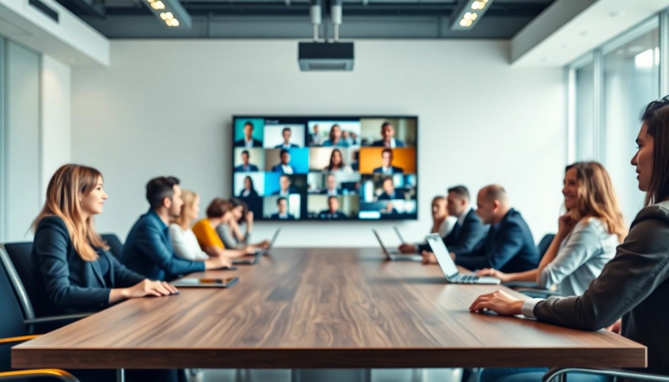 Engaged participants in a video conferencing meeting with diverse individuals in a modern office.