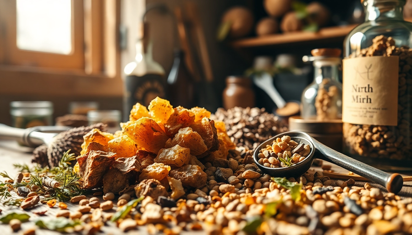 Enhance wellness with myrrh resin elegantly displayed in a herbalist's workshop.
