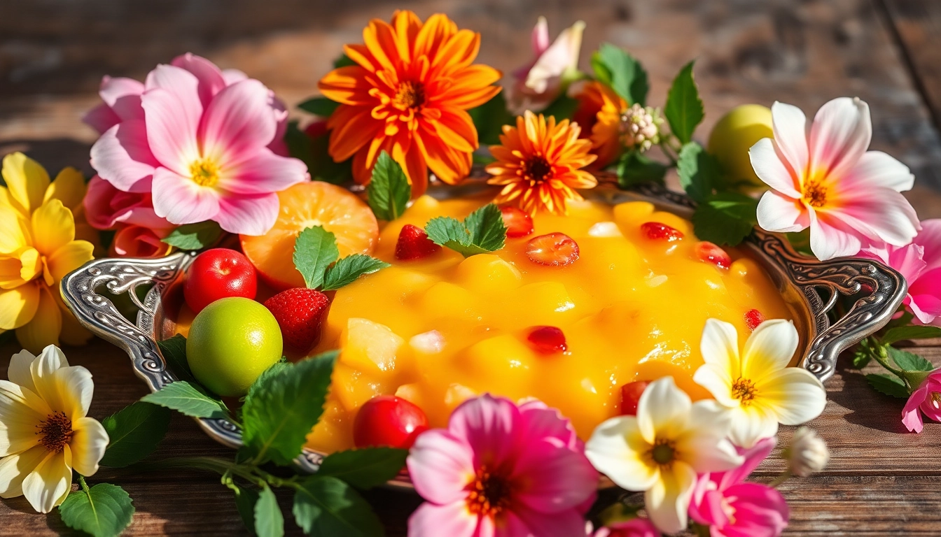 Experience the richness of Ambrosia, a divine dish with vibrant fruit and floral accents.