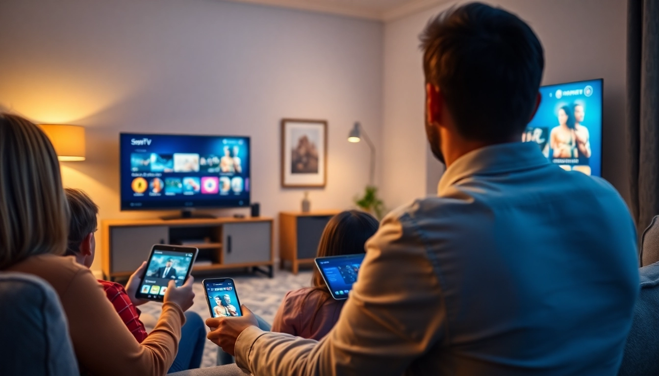 Showcase of IPTV Subscription service on devices like smart TV and smartphone in a cozy living room.