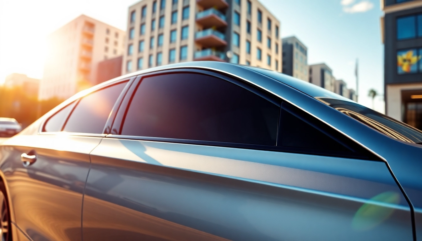 Tinted car windows illustrating the benefits of car tint near me in a sleek urban setting.