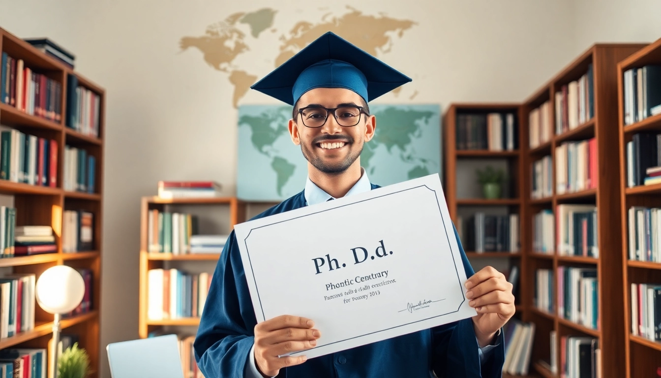 Proud graduate displaying a Ph.D. diploma, illustrating where to buy phd degree.