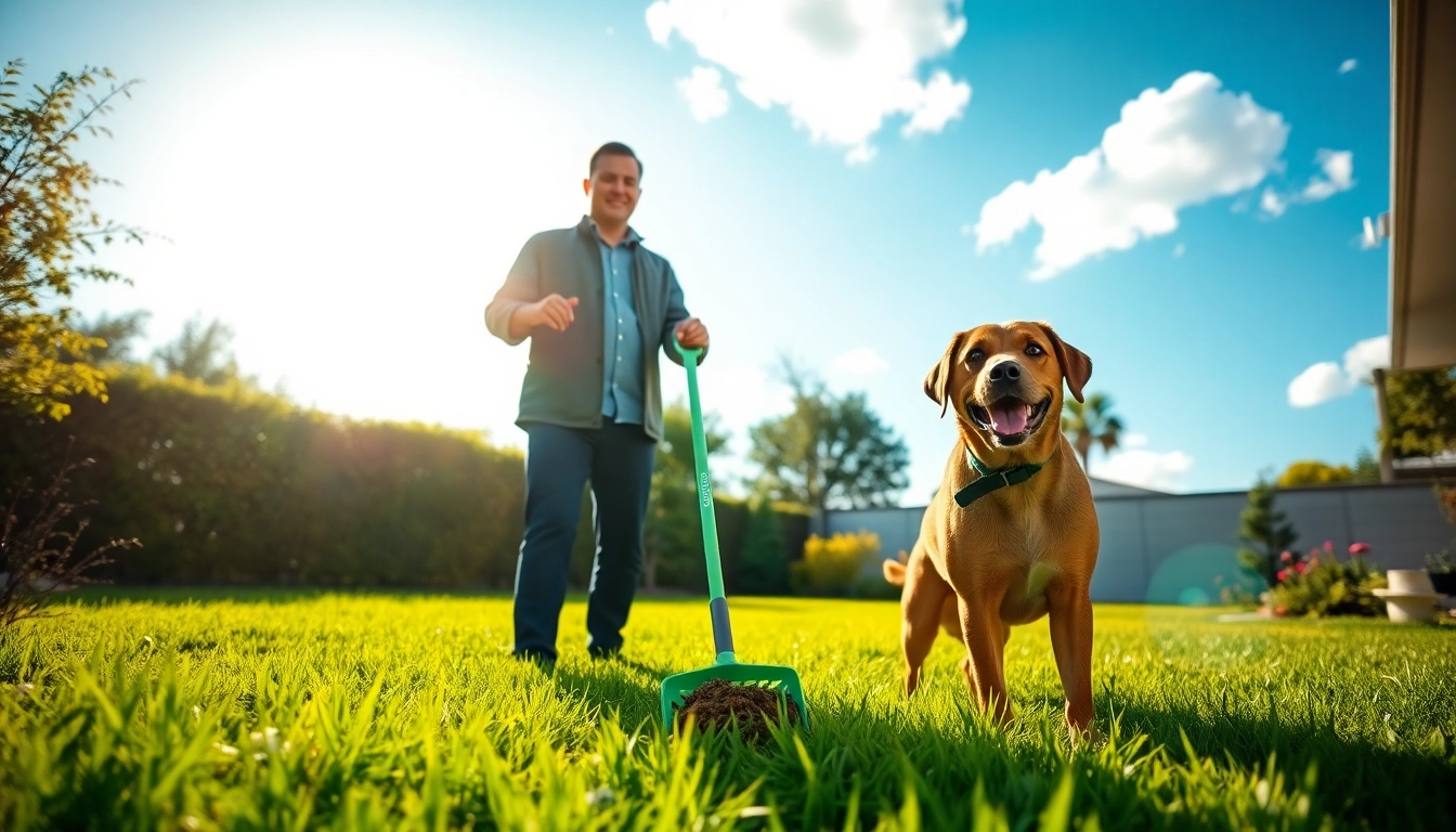 Clean up dog poop in a sunny backyard using an eco-friendly pooper scooper for responsible pet ownership.