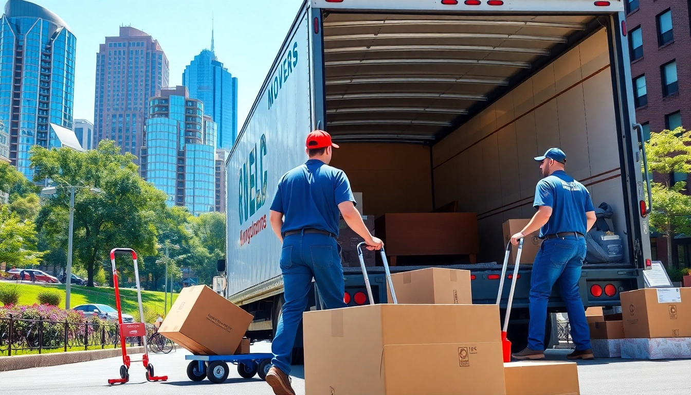 Queens movers expertly loading furniture into a truck in a vibrant Queens urban setting.