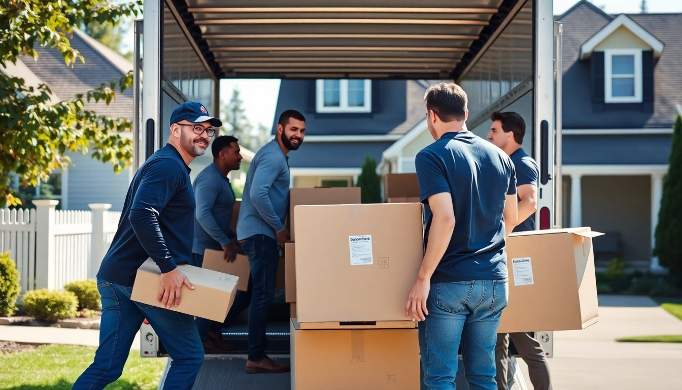 Canadian movers efficiently loading boxes into a moving truck in a sunny neighborhood.