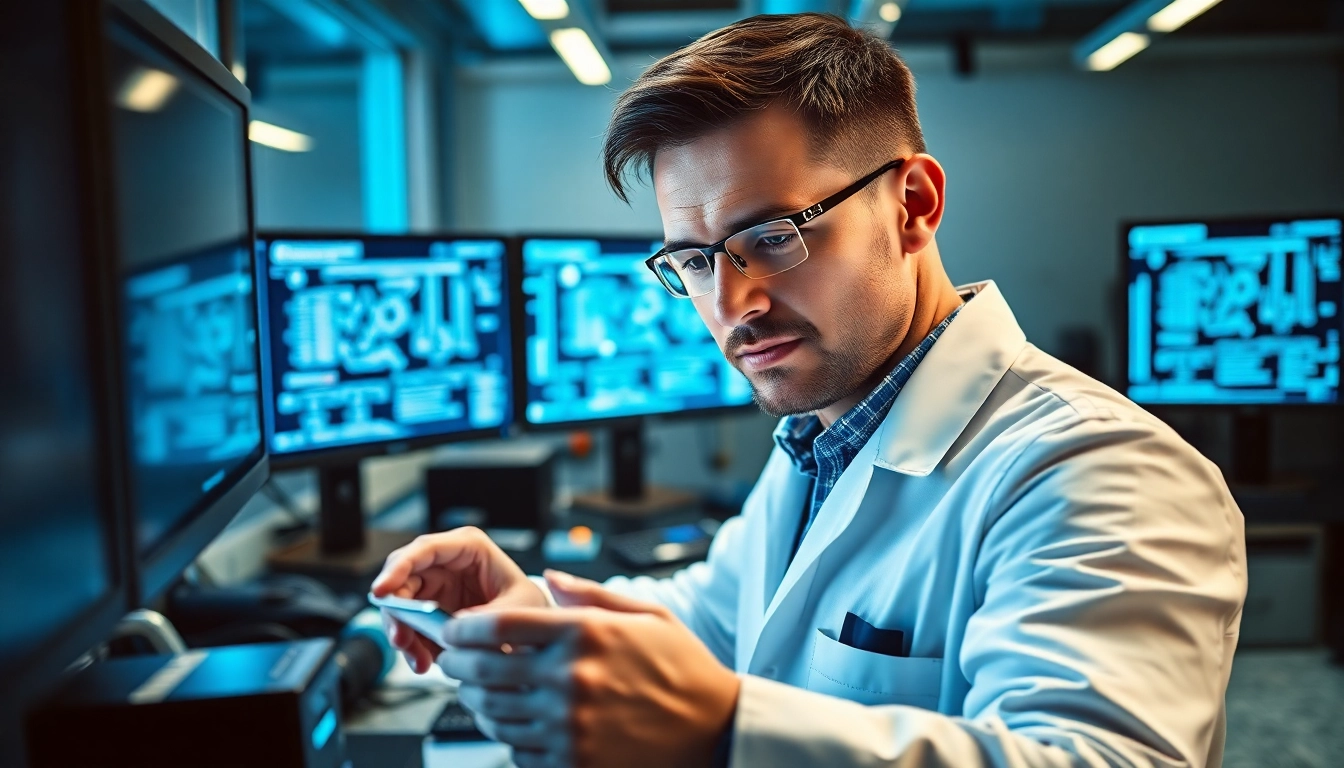 AMERICAN engineer designing microchips in a high-tech lab, showcasing innovation and technology.