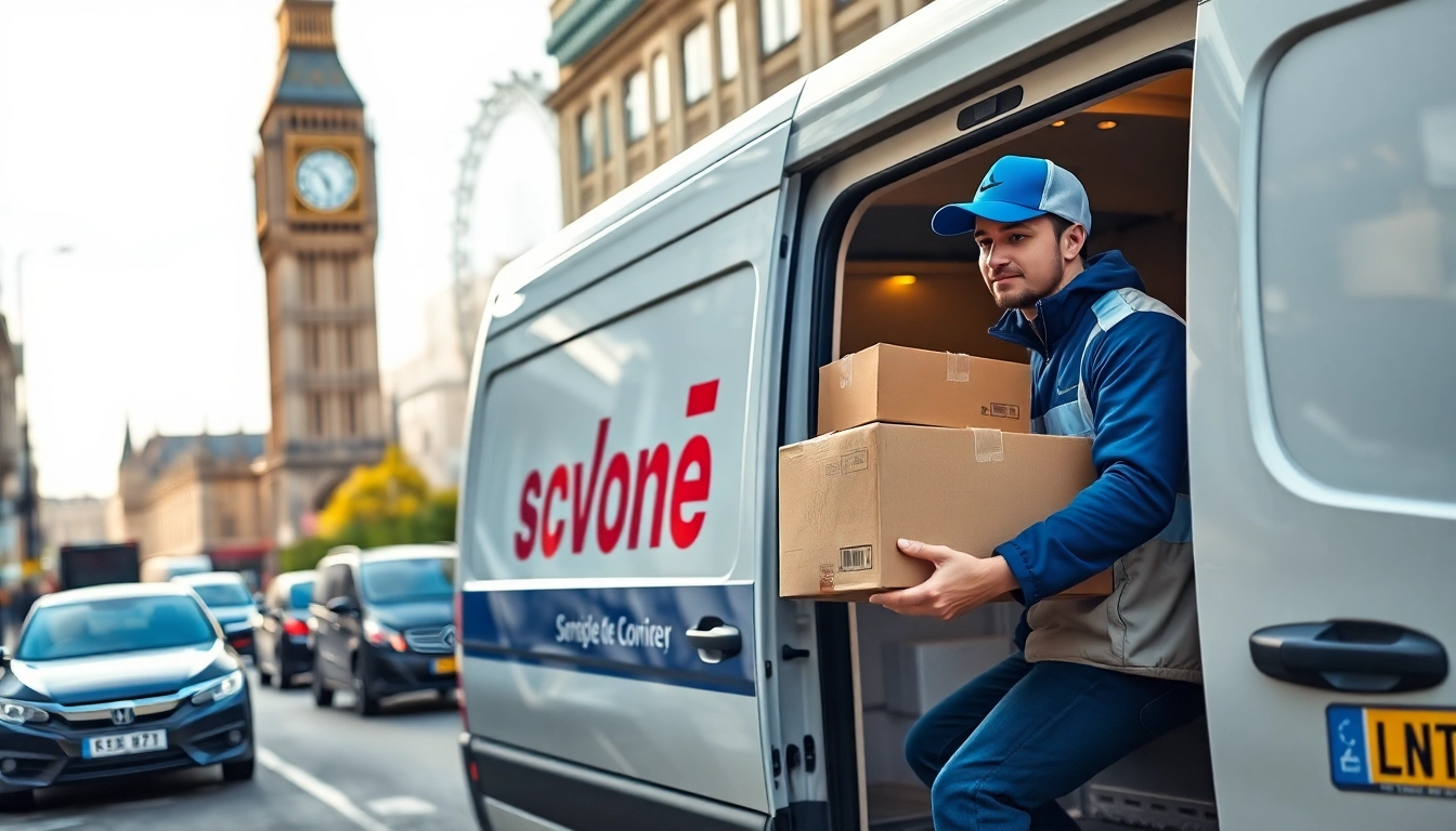 Delivering same day courier service London with a professional courier in action amidst a bustling city.