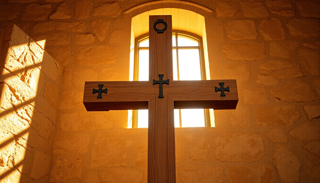 Display of Jerusalem crosses highlighting the unique design of the central and surrounding crosses.