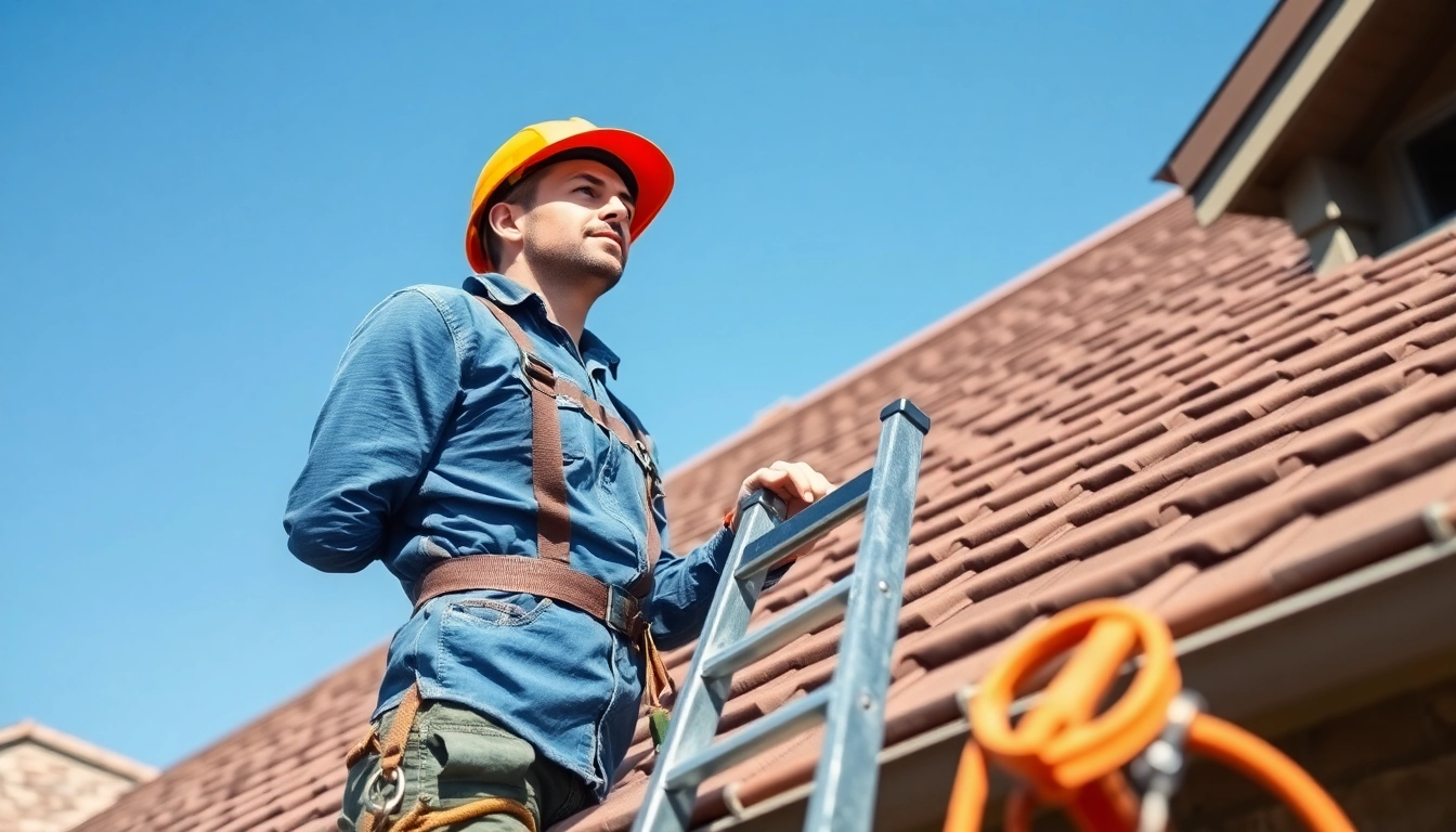 High-quality image of 5-star roofing contractors Central Texas inspecting a residential roof.