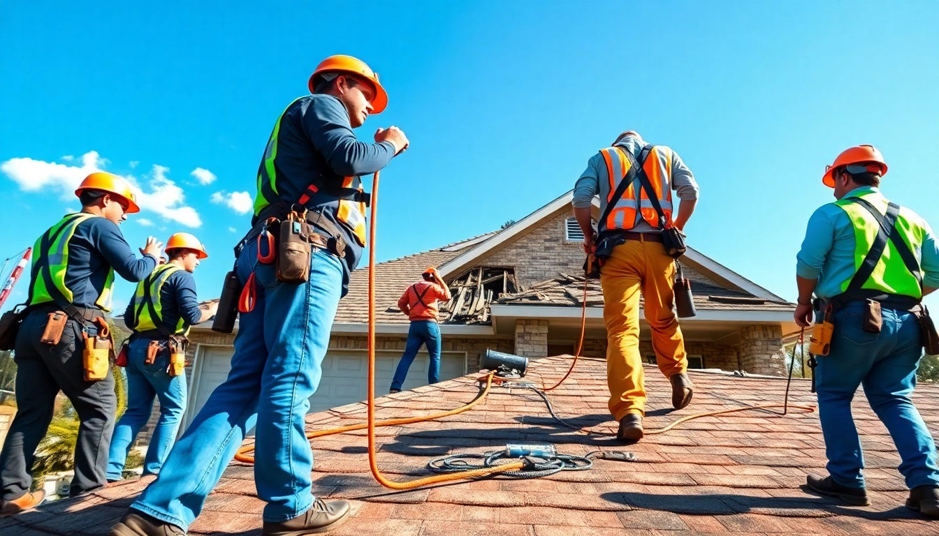 Quick response to emergency roof repair Texas needs, showcasing a dedicated team repairing storm damage.