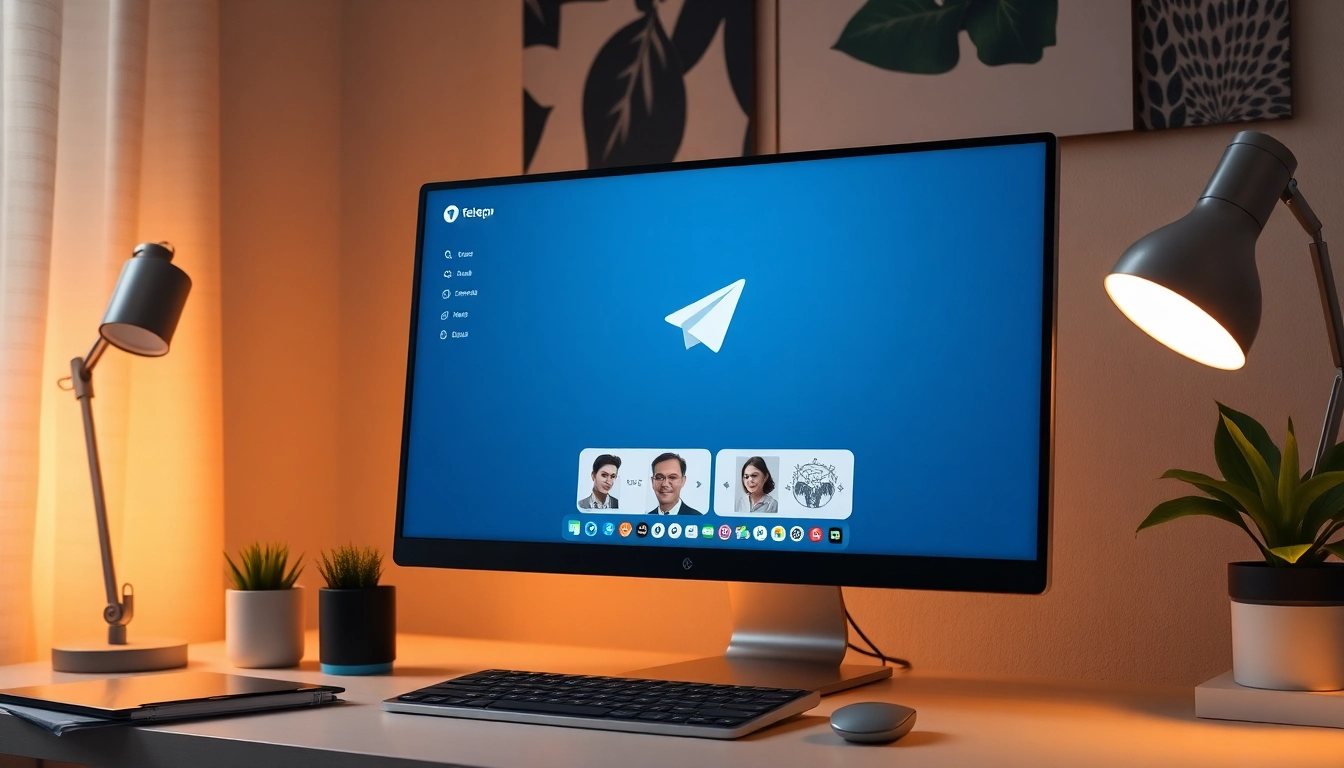 Explore Telegram電腦版 features on a computer screen within a stylish workspace.