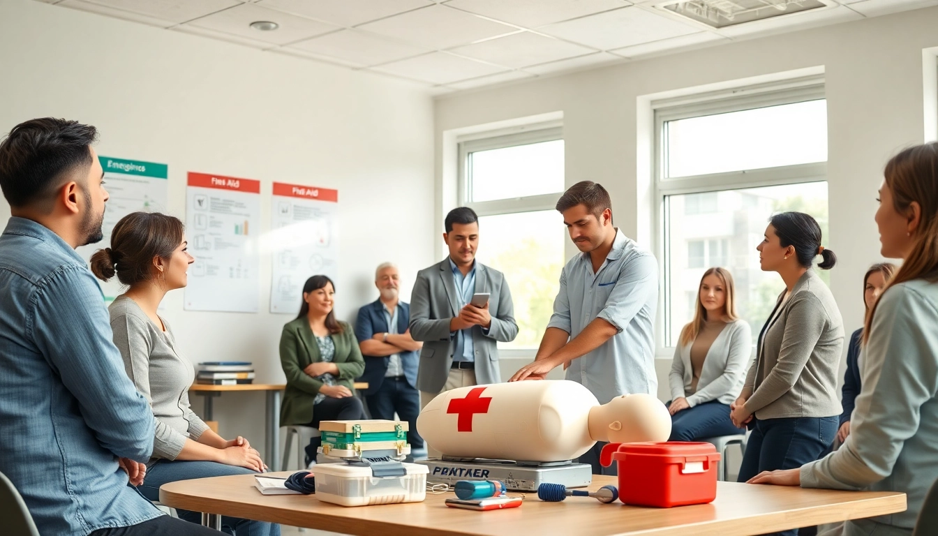 Learn workplace first aid techniques in a professional training environment with attentive participants.