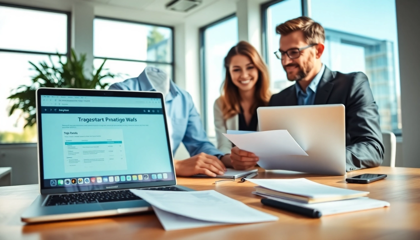 Guide clients through the trademark application process in a professional office environment.