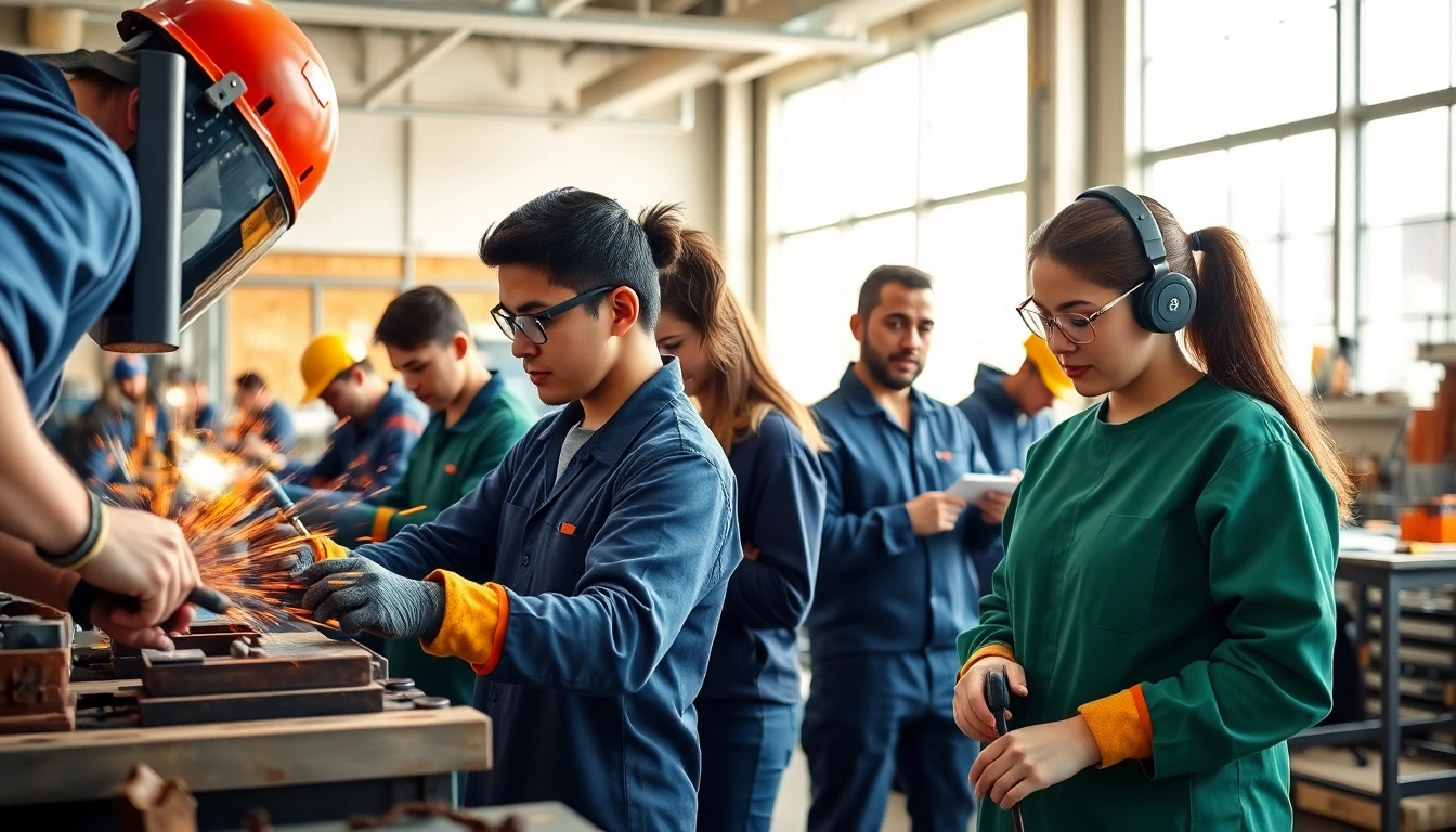 Students at a trade school in Knoxville, TN practicing welding skills, showcasing modern vocational training.