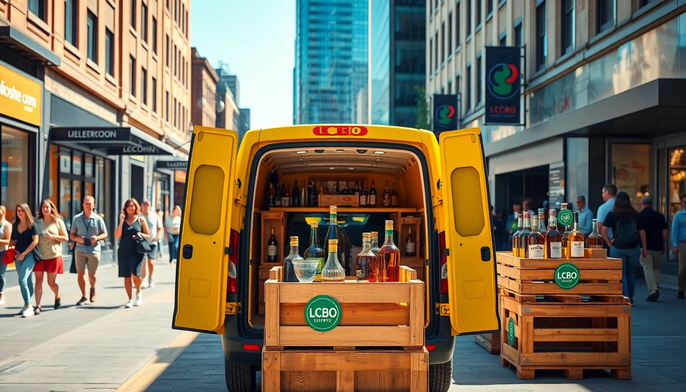 Capture the convenience of LCBO delivery Toronto with a vibrant scene of an urban liquor van amidst busy pedestrians.