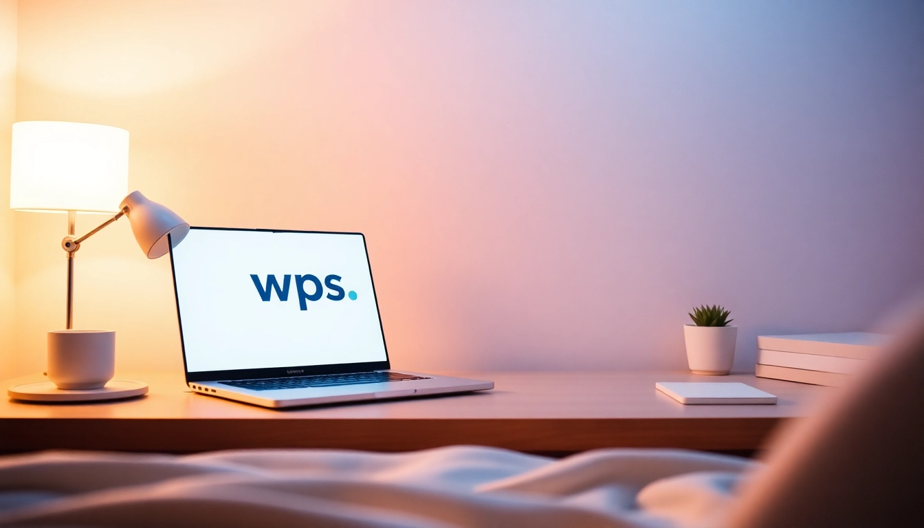 Download wps下载 software efficiently on a modern laptop in a serene workspace environment.