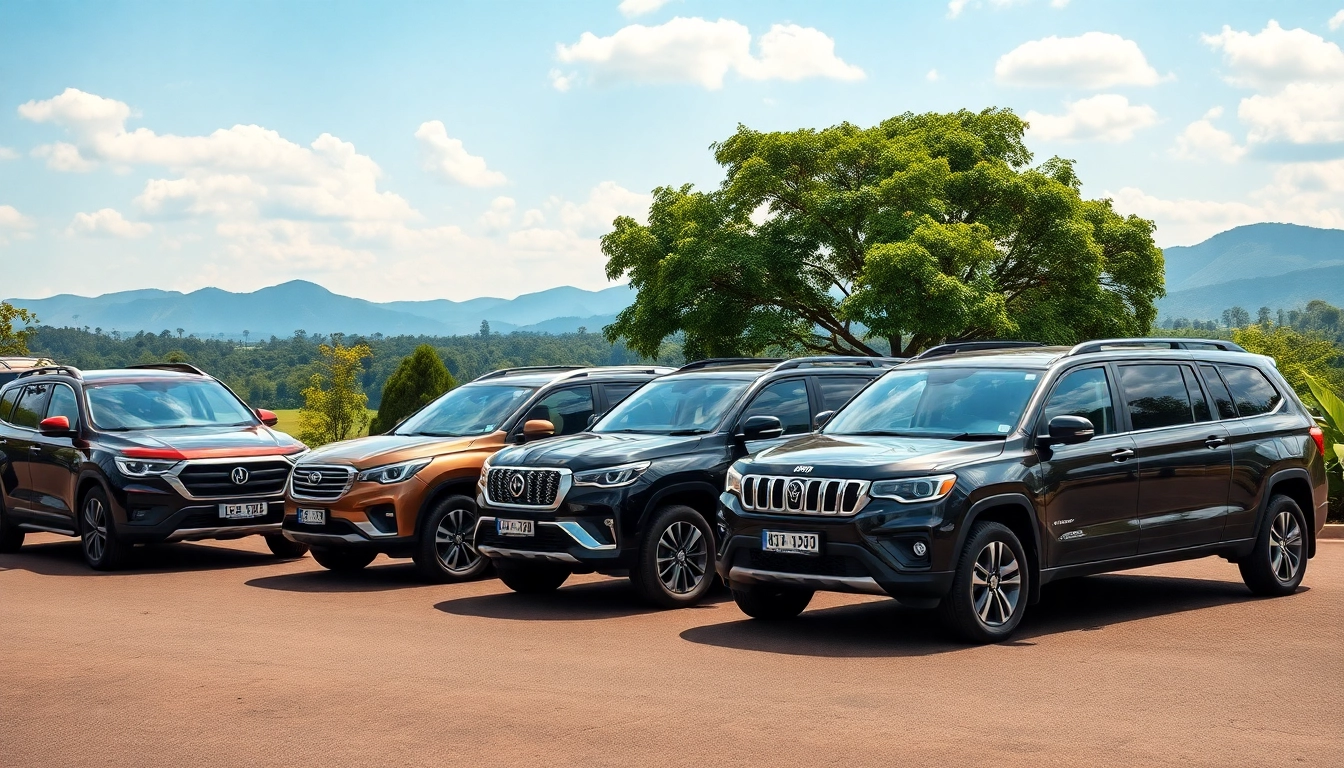 Discover exceptional car rental in Uganda with diverse vehicles against a scenic backdrop.