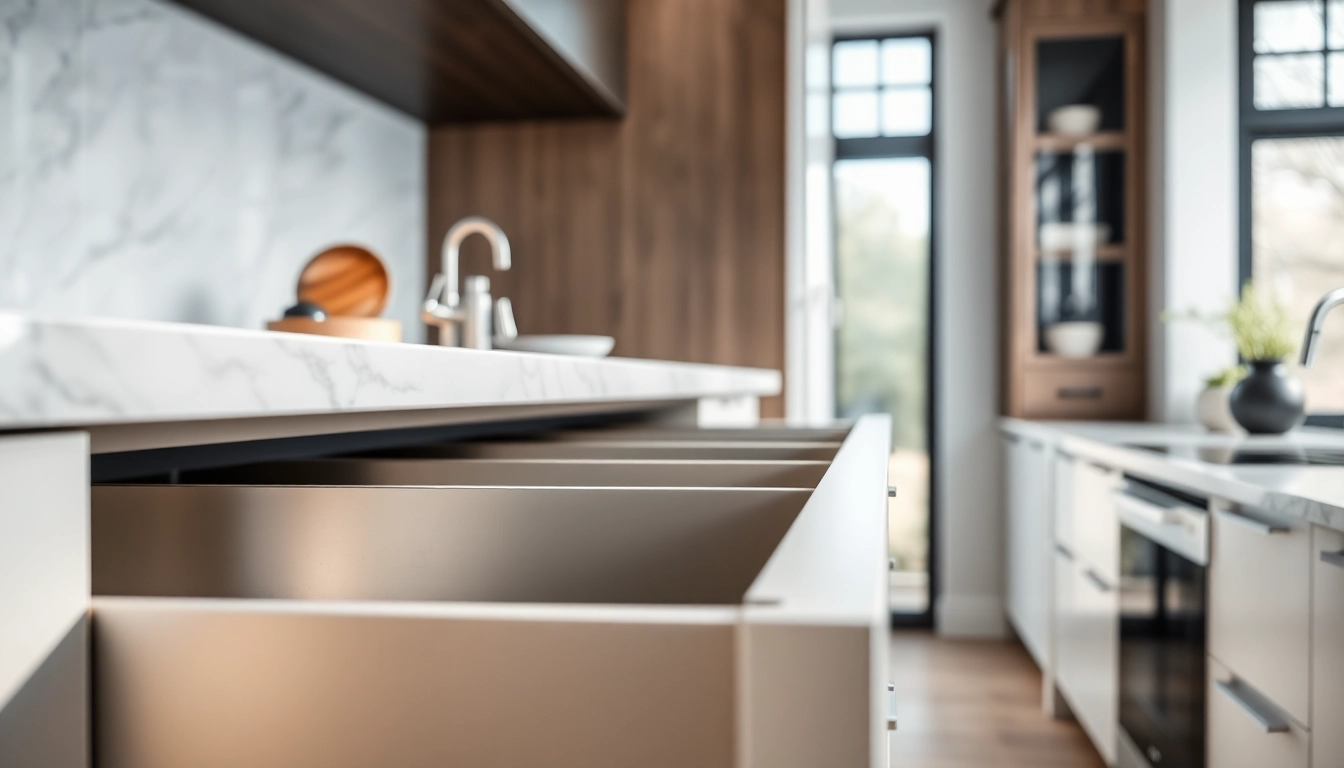Sleek slim box drawer system elegantly displayed in a modern kitchen setting, showcasing organizational design.