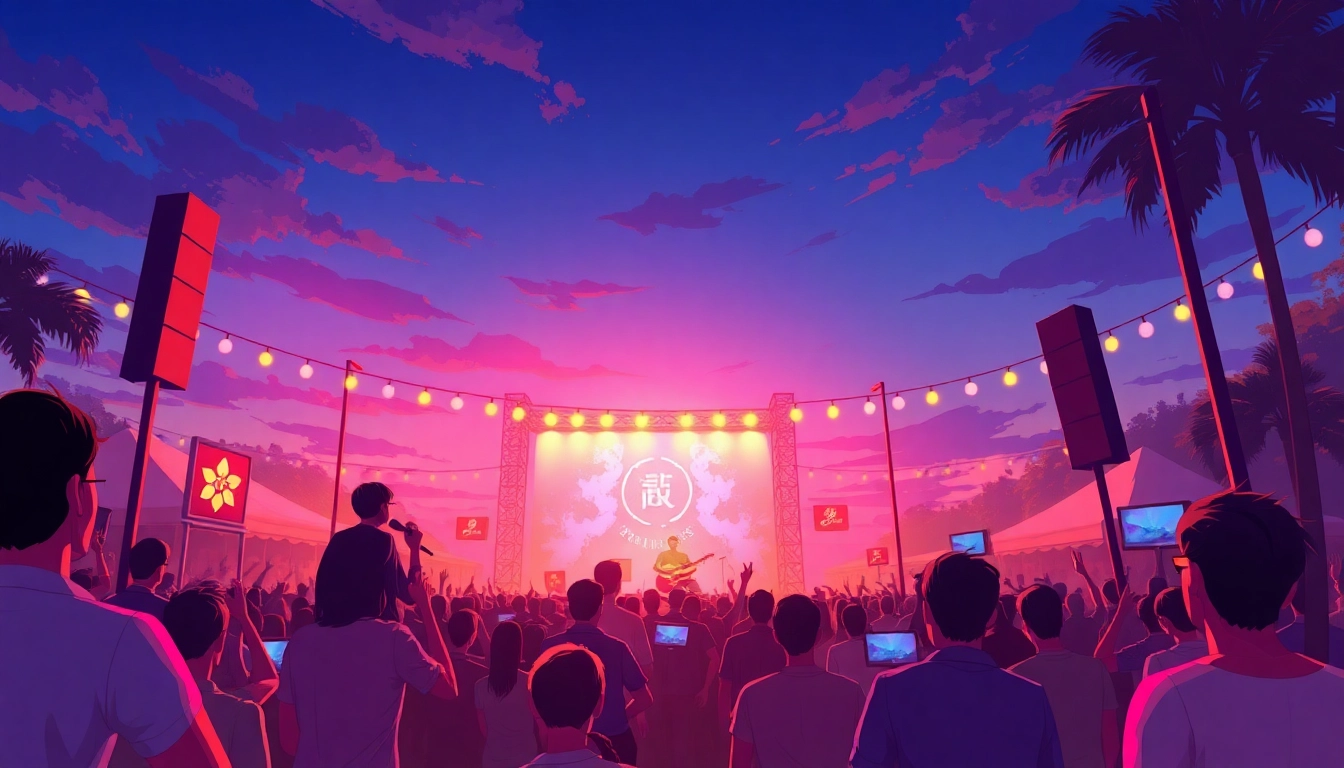 Experience the vibrant atmosphere at 汽水音乐官网, showcasing live musicians performing at an outdoor festival.